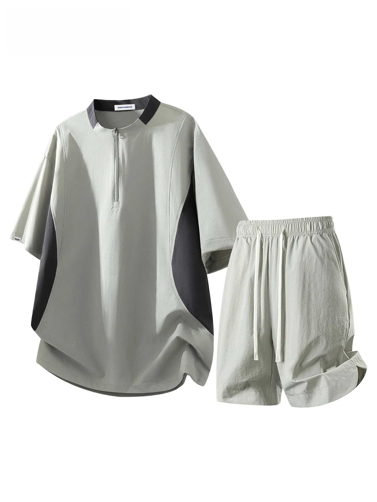 Conjunto de Verão Casual Mark Fairwhale com Camiseta Esportiva de Zíper Lateral e Calções em Tecido de Poliéster para Homens