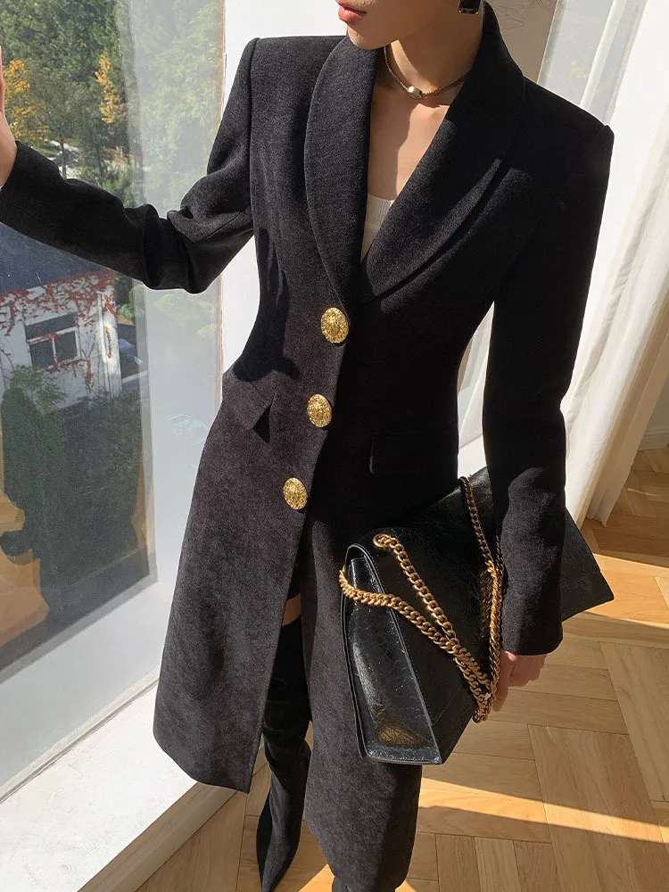 BZVW Black High-end Light Luxury Blazer Jacket Women\'s 2023 Winter Collection Waist Long Knee Length Woolen Coat Female 25X4237