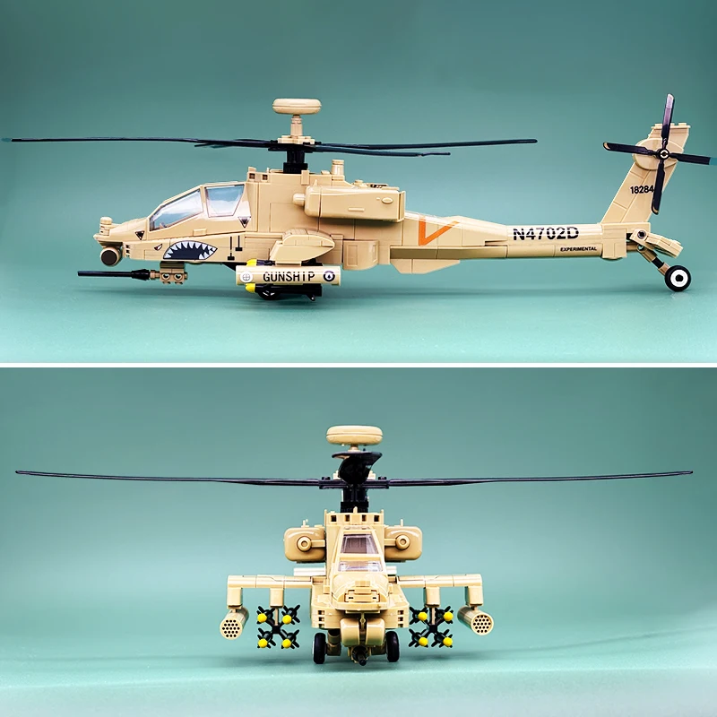 

AH-64 Military Attack Helicopter Building Blocks Desert Combat Gunship Model Kit Heavy Firepower Army Plane Toy Gift for Boys