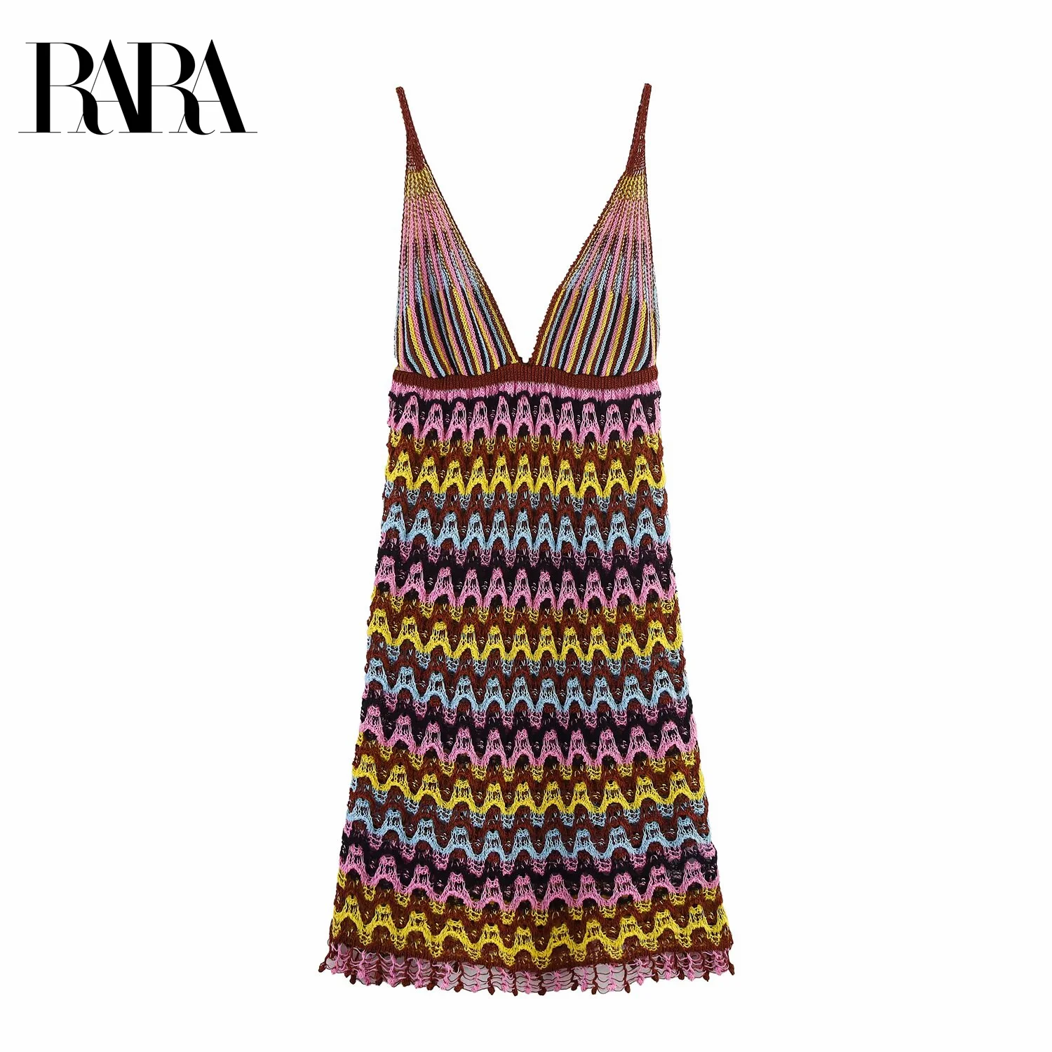 

RARA2025 Summer New Women's Casual Fashion Simple Backless Printed V-neck Knitted Suspender Short Dress