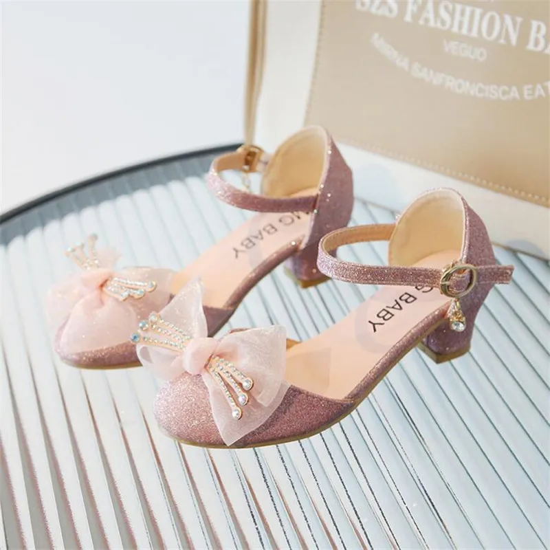 Kid's high heel princess party shoes new girls sandals Rhinestone Bow little girl crystal shoes Student Dance Performance Shoes