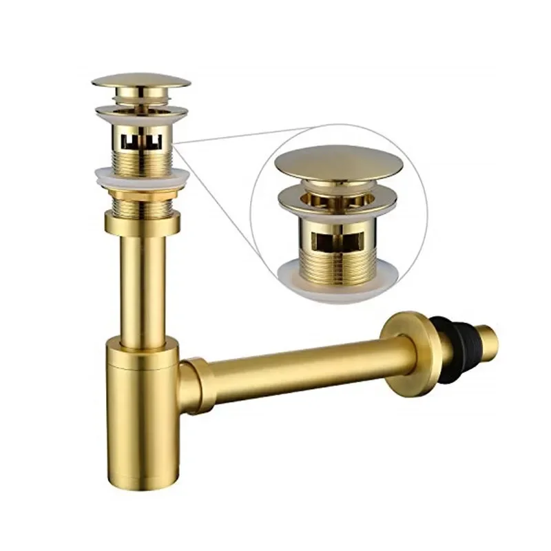 Bathroom Sink Stopper P-Trap Complete Set Adjustable 1-1/4 Sink Drain Kit Tube Solid Brass Bottle Trap Pop Up Drain Stopper Set