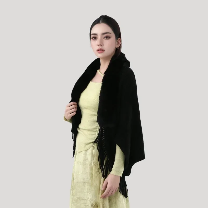 

Женская зимняя накидка-пончо с меховым воротником — вязаная шаль с бахромой для холодной погоды