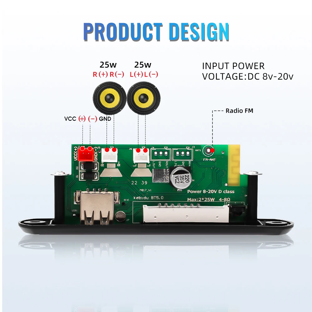 Amplifier 50W Bluetooth 5.0 MP3 WMA APE Decoder Board 12V 18V 25W Panggilan Handsfree Audio Mobil Mikrofon USB TF FM DIY Pemutar Musik