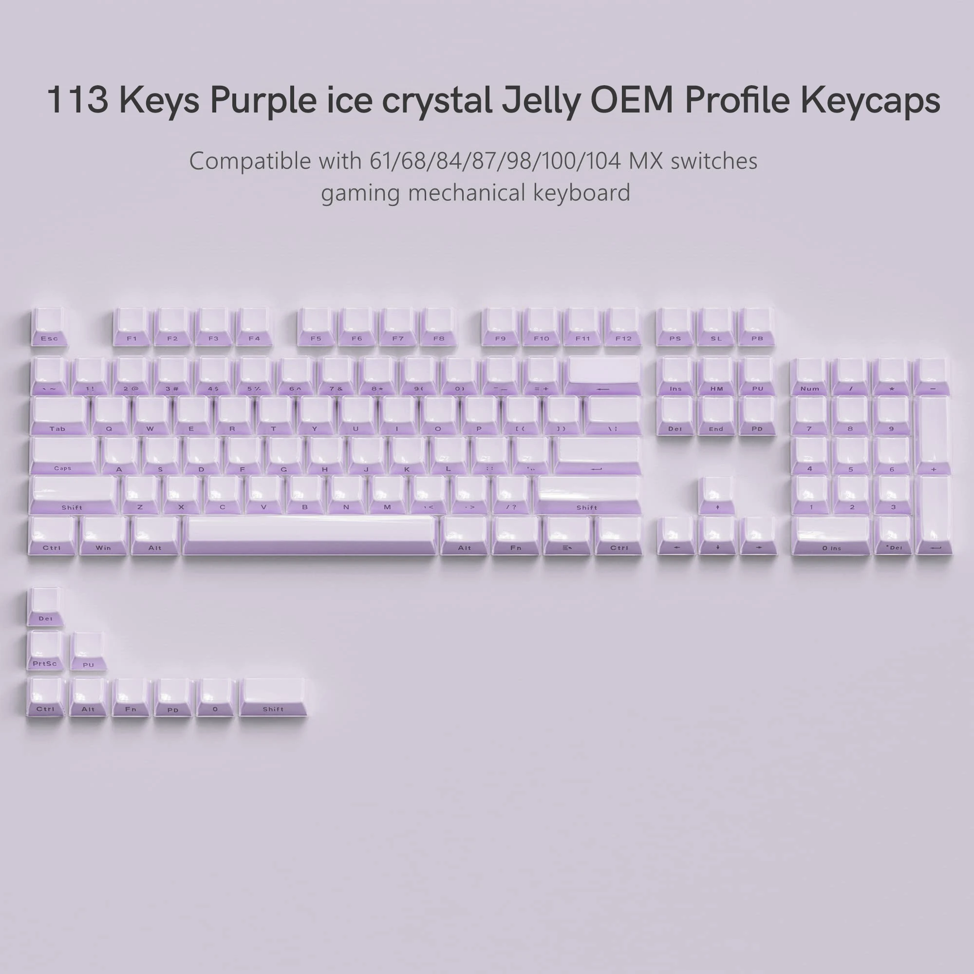 Imagem -06 - Teclas Roxo Geléia Impressão Lateral Keycap Cristal de Gelo Translúcido Perfil Oem Tampa Chave para Cereja mx 61 68 104 Teclado Mecânico 113