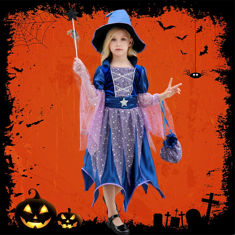 

Kids Witch Costume Children Halloween Purim Carnival Party Magician Cosplay Costume Girls Spirit Princess Dress With Hat Bags