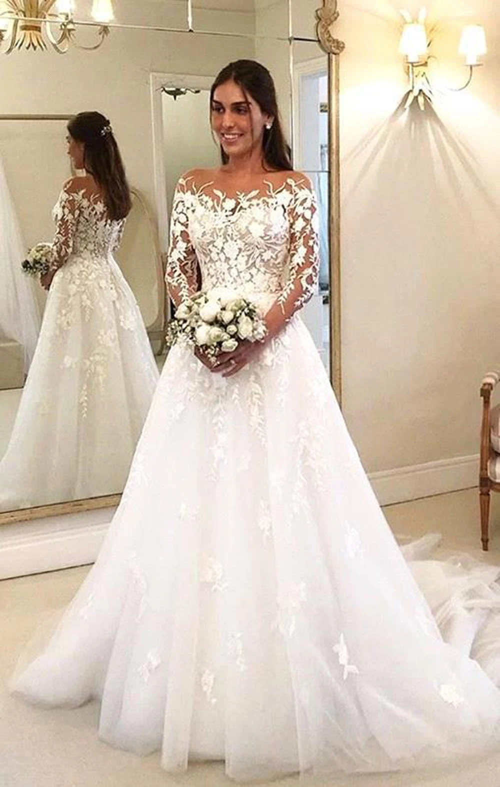 Appliques Lace Wedding Dresses Tulle A Line Three Quarter Sleeves Bridal Gowns Embroidery Elegant Robe De Mariee Custom Made