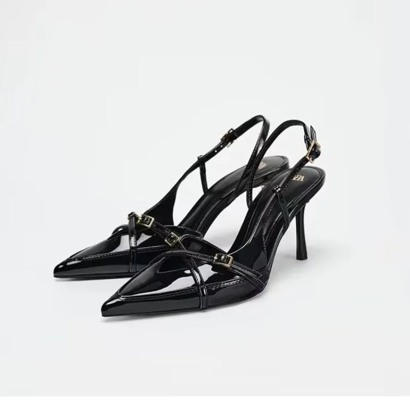 French-Style pointed-toe stiletto flat strap sandals new Women's fashion high heels with backless design versatile and stylish