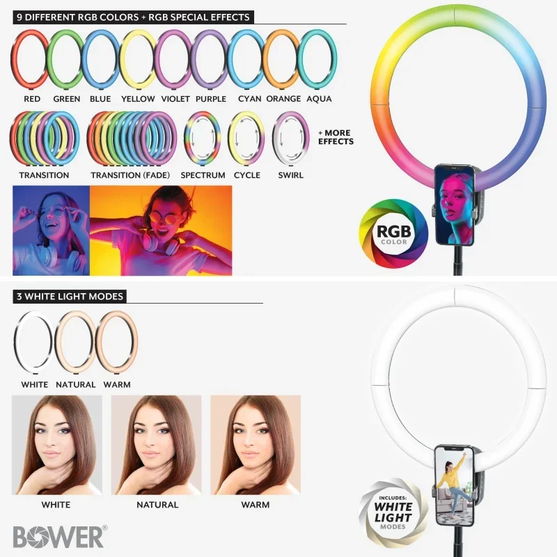Bower-Anillo de luz LED RGB plegable, creador inalámbrico, 12 pulgadas, negro