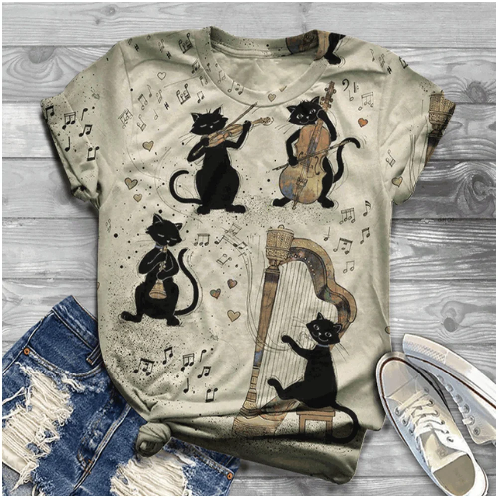 Cat Short Sleeve Cartoon Cat Women\'s T-Shirt Summer Fashion 3d Cartoon Women Clothing T Shirt For Women Daily Casual Top Tee