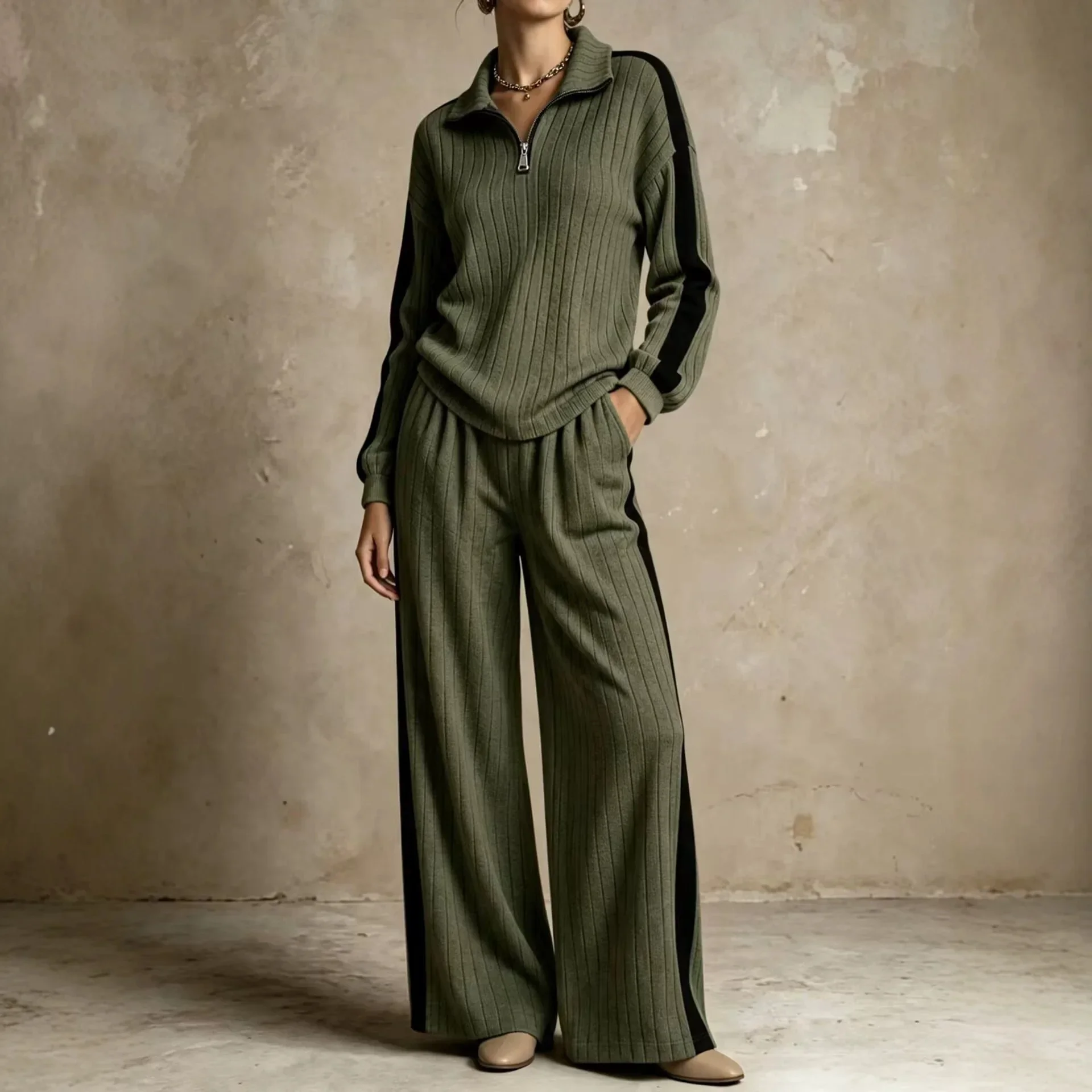 2026 autumn and winter new women's clothing half-zipper lapel contrasting top wide-leg pants casual sports suit