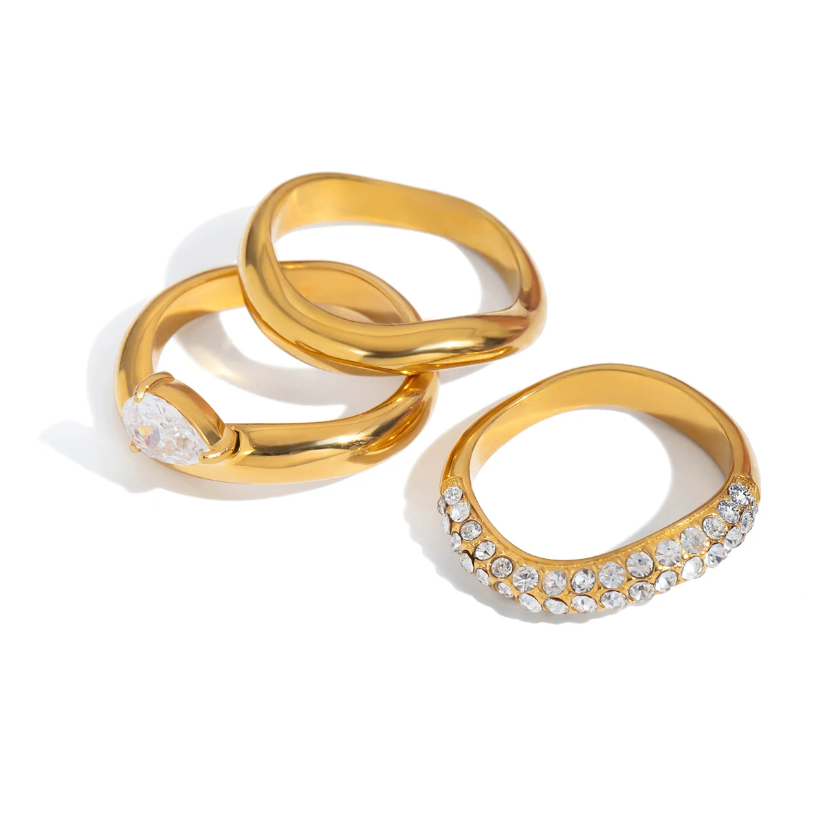 Fashion Minimalist Style Wave Curve Design Stainless Steel Ring with Zirconia Stackable Band Women's Ring Gift