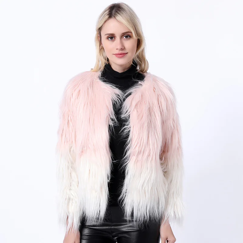 سيدة فرو المنك سترة أفخم عارضة الإناث فو الفراء سترة الشتاء النساء تقليد معطف الفرو التدرج جولة الرقبة قصيرة #5