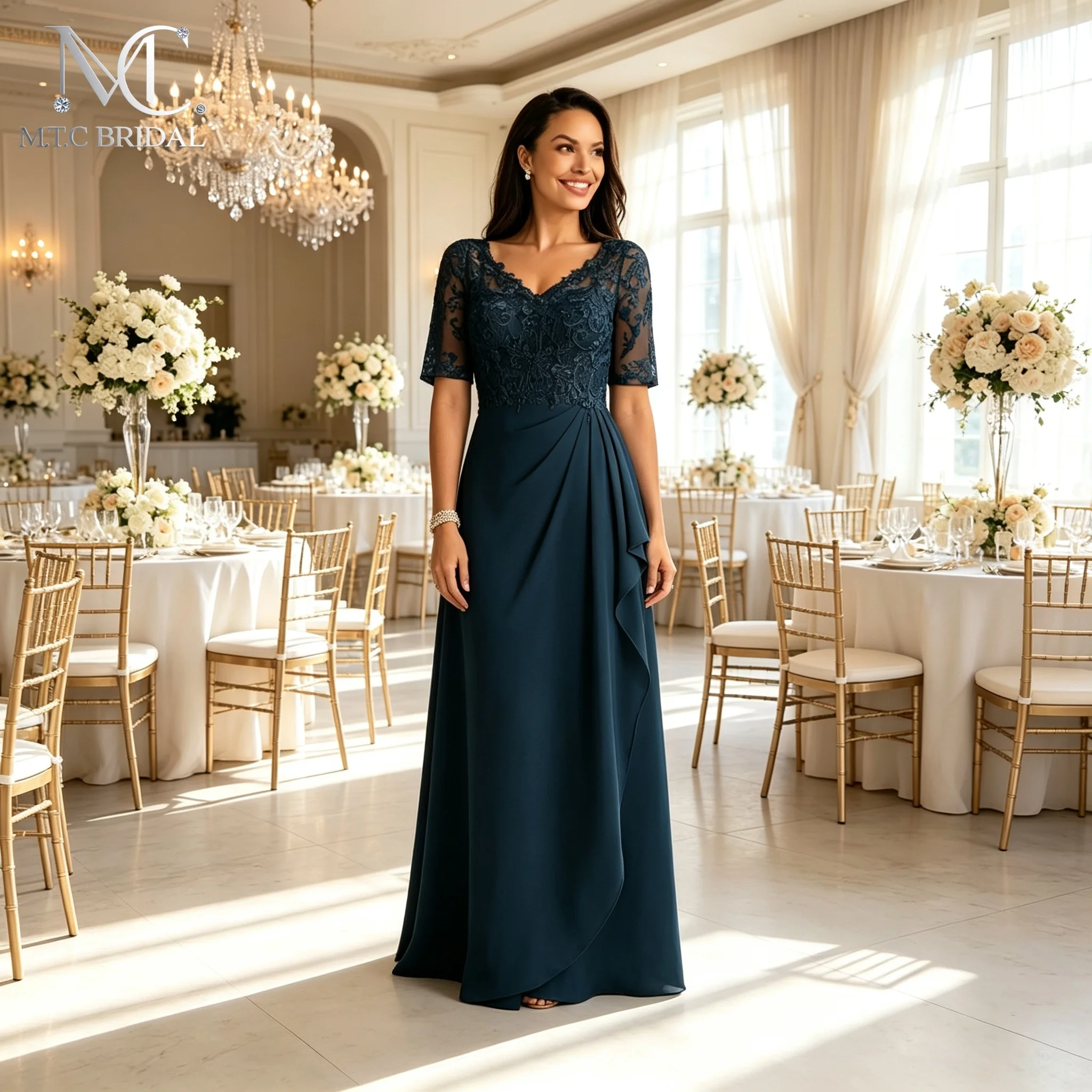 Vestido largo de chifón azul marino para madre de la novia, con cuello en V, encaje, manga al codo, corte en A, vestido de noche hecho a medida para mujer.