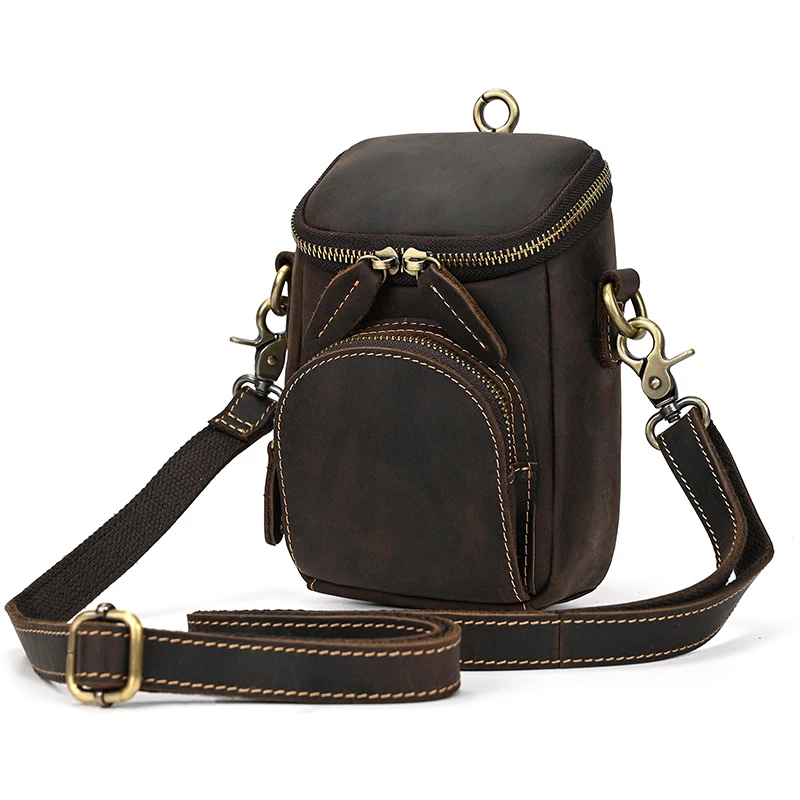 New design men\'s bag shoulder crossbody bag leather vertical large capacity crazy horse leather mens wasit bag on belt sling bag