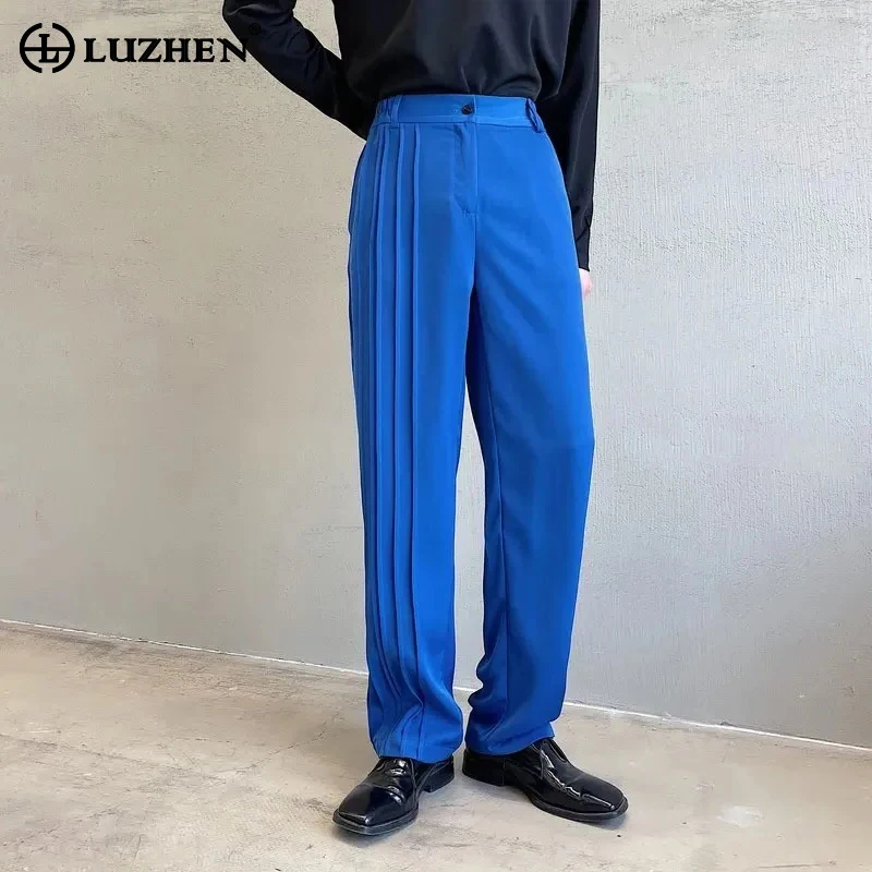 

LUZHEN Elegant Solid Color Pleated Splicing Design Casual Suit Pants Men's Stylish 2024 New Stretch Waist Trendy Trousers C90e4d