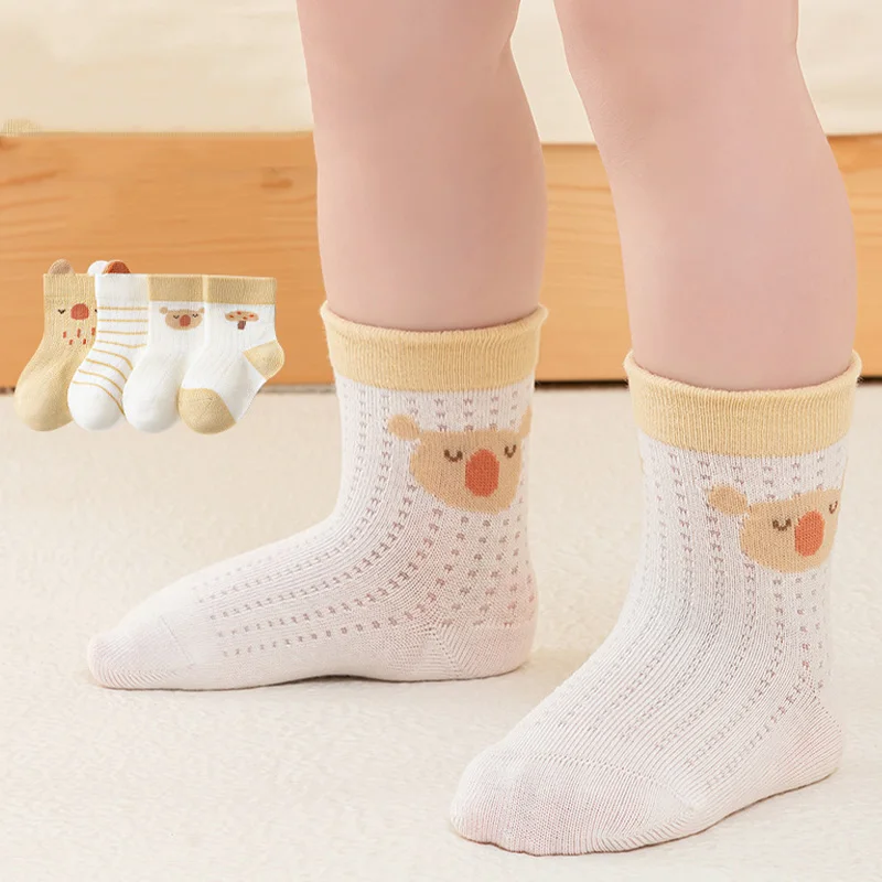 

4 пары милых детских сетчатых носков с героями мультфильмов, летние тонкие дышащие носки средней длины для мальчиков и девочек, мягкие хлопковые носки для новорожденных, детские Sokken