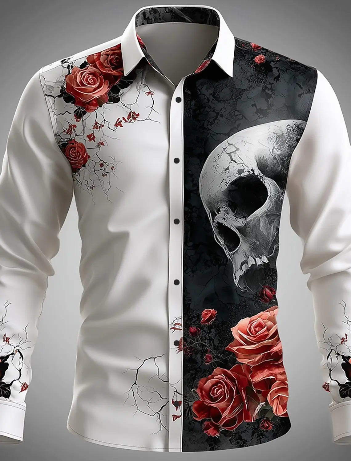 3D Print Skull Rose Graphic Men's Shirts Gothic Style Long Sleeve Lapel Button Tops Halloween Theme Party Custom Clothes For Men