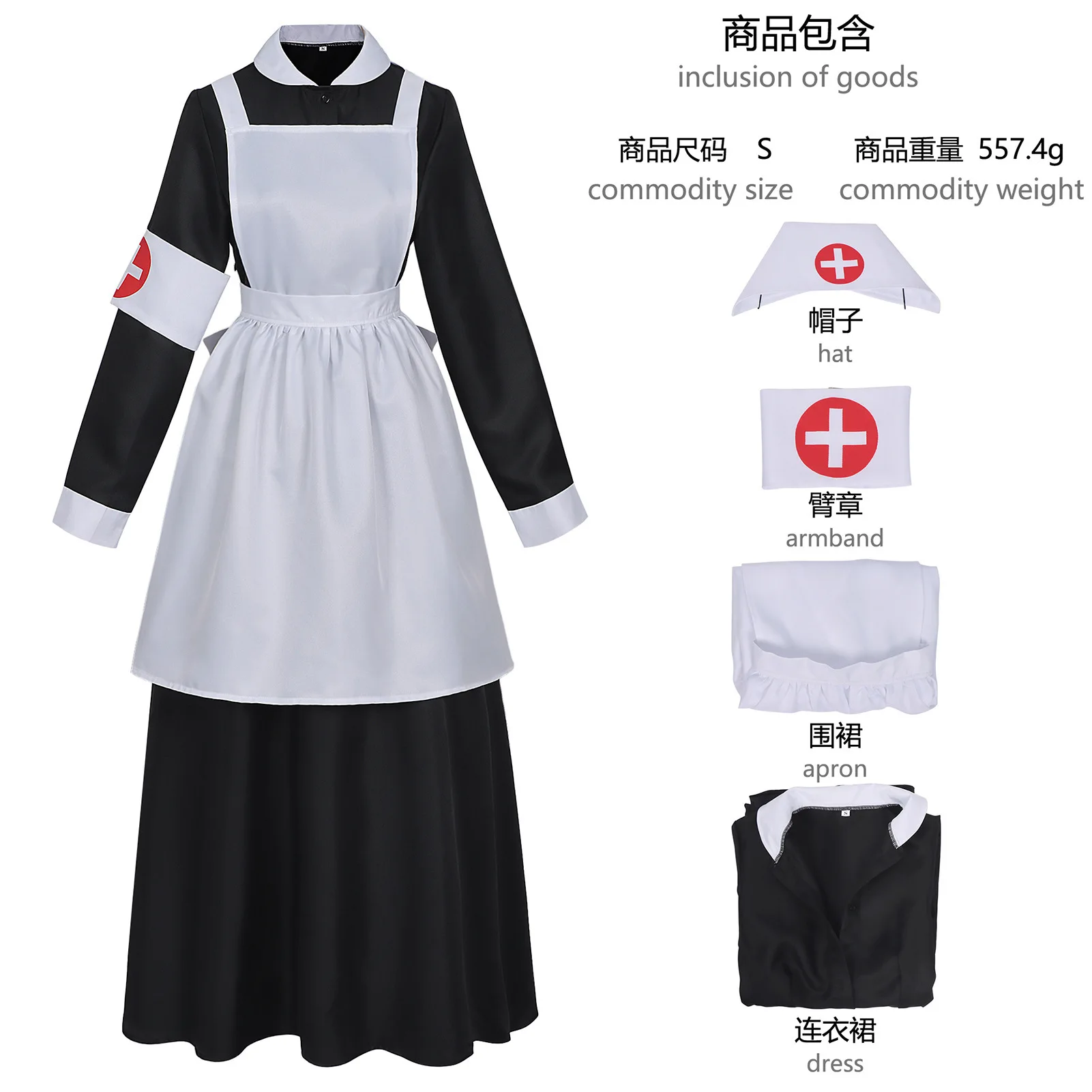 Florence Nightingale Kostüm – Europäisches Halloween-Cosplay, Vintage-Krankenschwester- und Rotes-Kreuz-Nonnen-Outfit