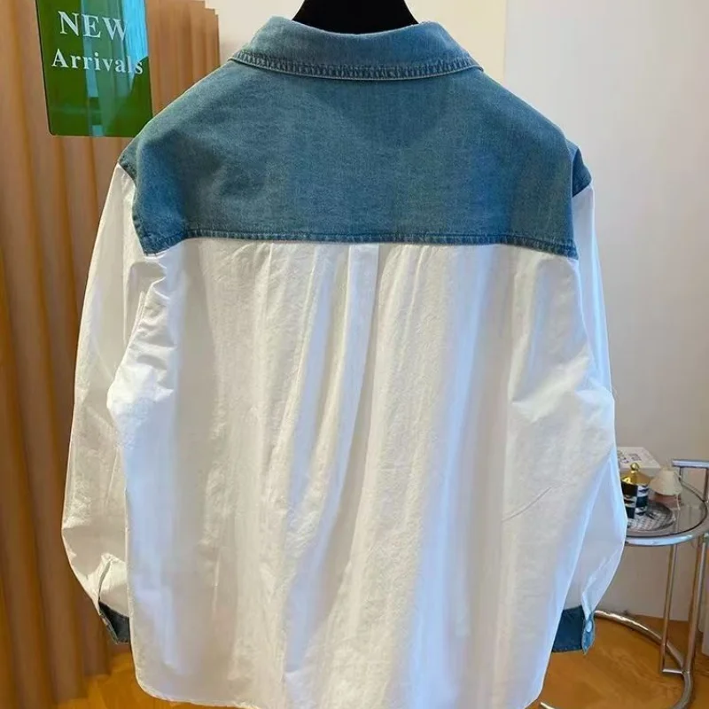 

Высококачественная джинсовая рубашка, женская весенне-осенняя новая однобортная блузка контрастного цвета, модные свободные топы с длинными рукавами