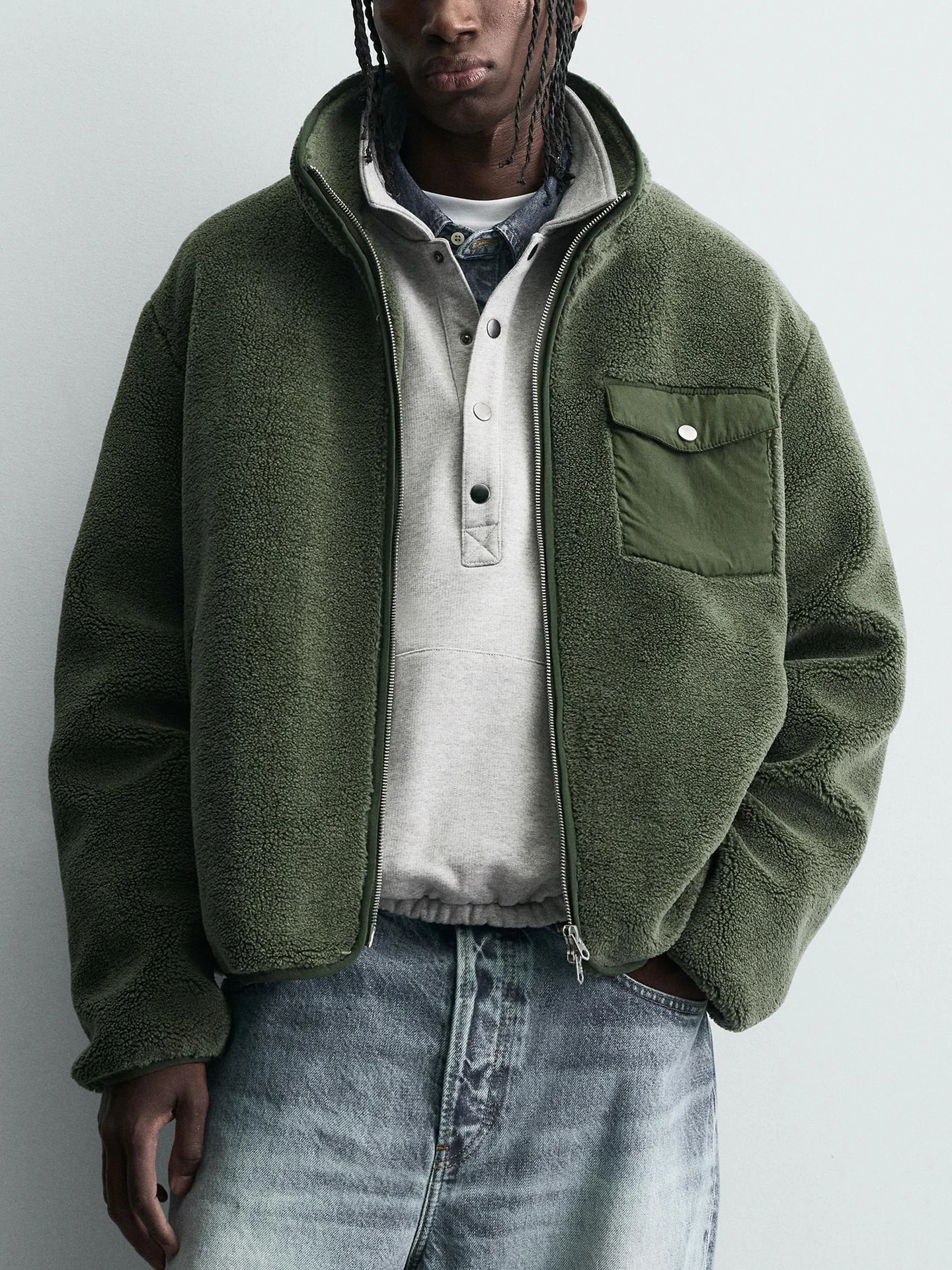 

Loose Fit Men's Fce Lined Jaet Lamb Fur Stand Collar Autumn Winter New Sle Casual Sle Zipper Closure No Hat Included