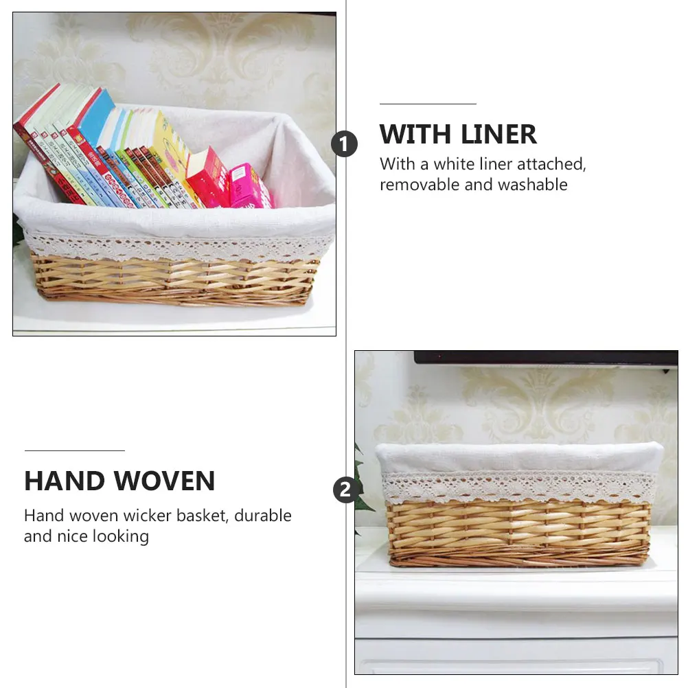 

Wicker Storage Baskets 35x25x13cm Rectangular Containers Home Office Bathroom White Liner Washable H Woven Basket