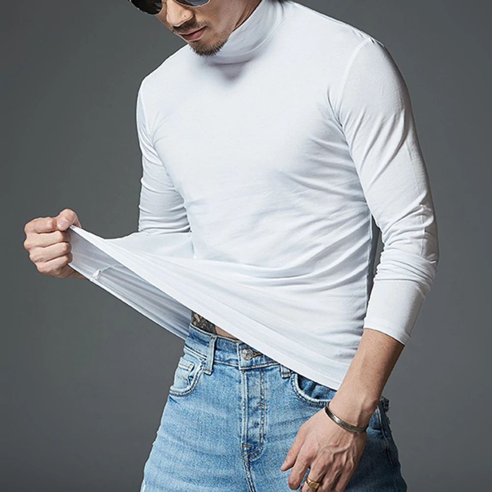 Fashion Classic Men's Casual Slim Turtleneck Long Sleeve Tops Pullover T-Shirt Solid Color Thin Underlay Fitness Base T-shirt