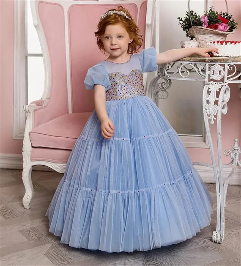 

New Flower Girl Dress for Wedding with Puff Sleeve Tiered Tulle Elegant Girls First Communion Gown Special Day 1-16T