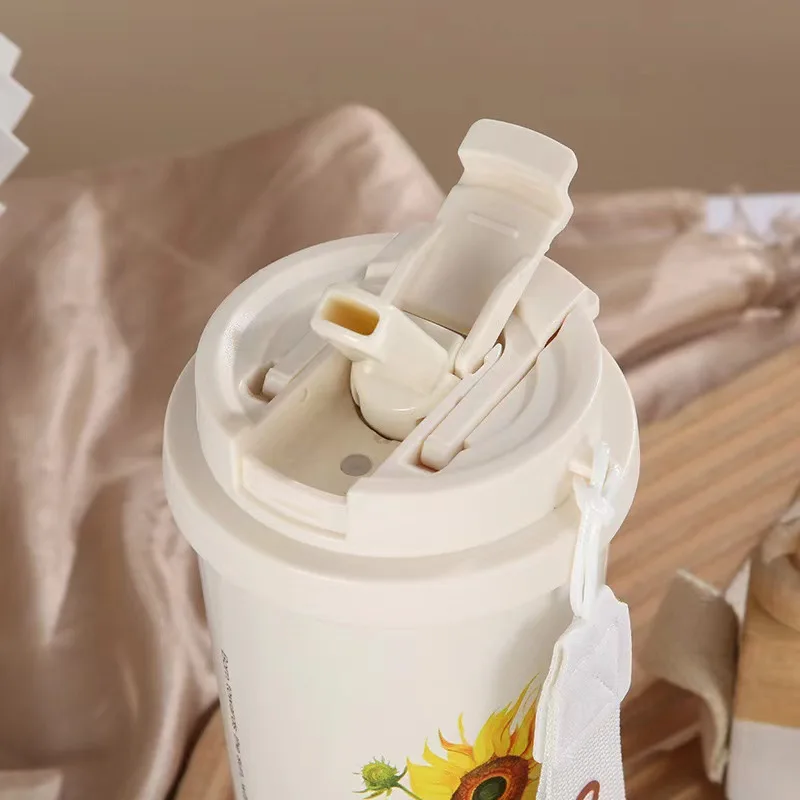 Summer Garden White Rose Insulated Cup Double Drink Coffee Cup Stainless Steel Straw Cup Female Gift Practical Insulated Cup