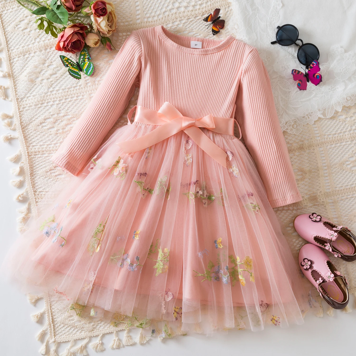 New Spring and Autumn Baby Girl Baby Pink Thin Long Sleeved Princess Embroidery Flower Mesh Dress Winter Baby Birthday Clothing