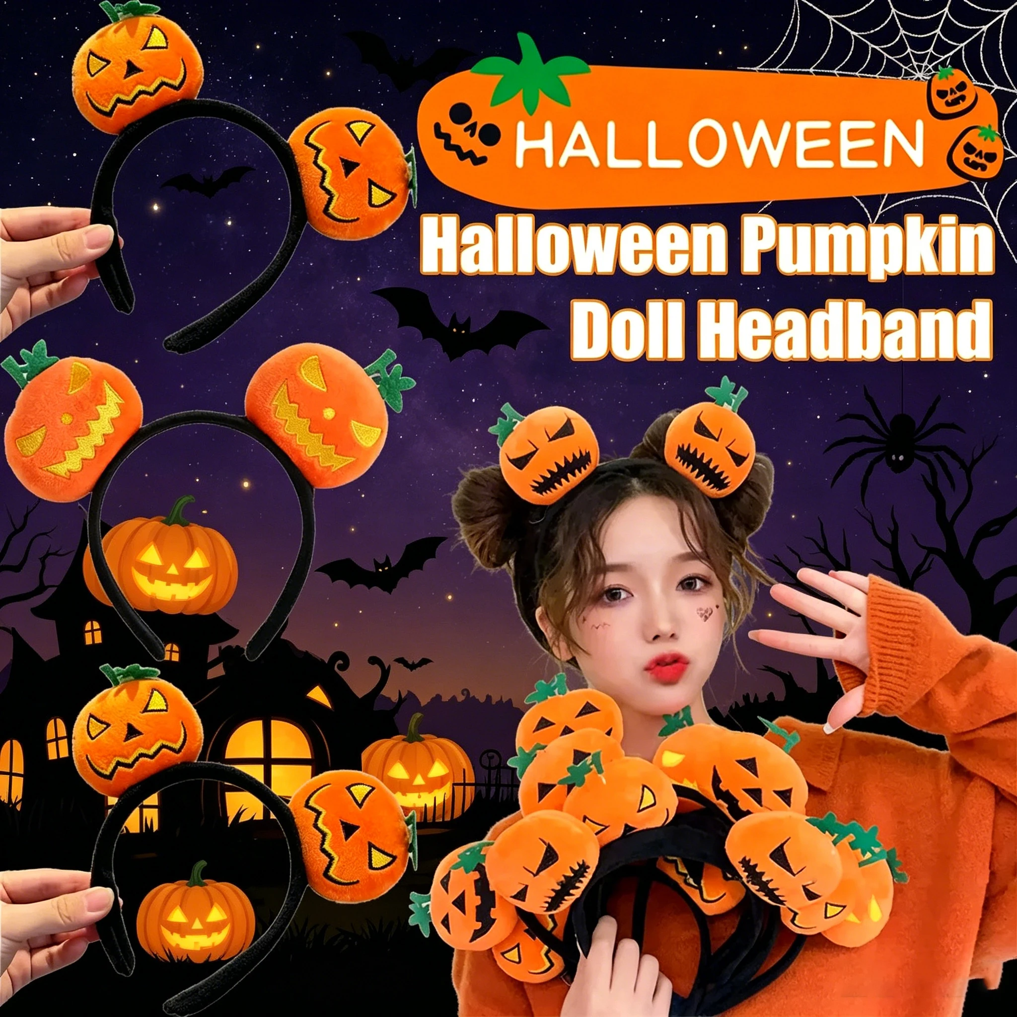 Cute Halloween Pumpkin Devil Headbands Funny Hair Hoops Costume Party Hair Accessory for Women Kids Party Set