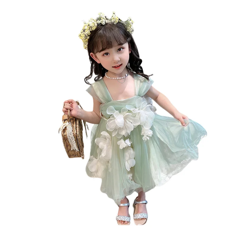 Toddler Sage Green Flower Girl Tulle Knee-length Princess Dress Floral 1st Birthday Ceremonies Wedding Party Holiday Dress Pink