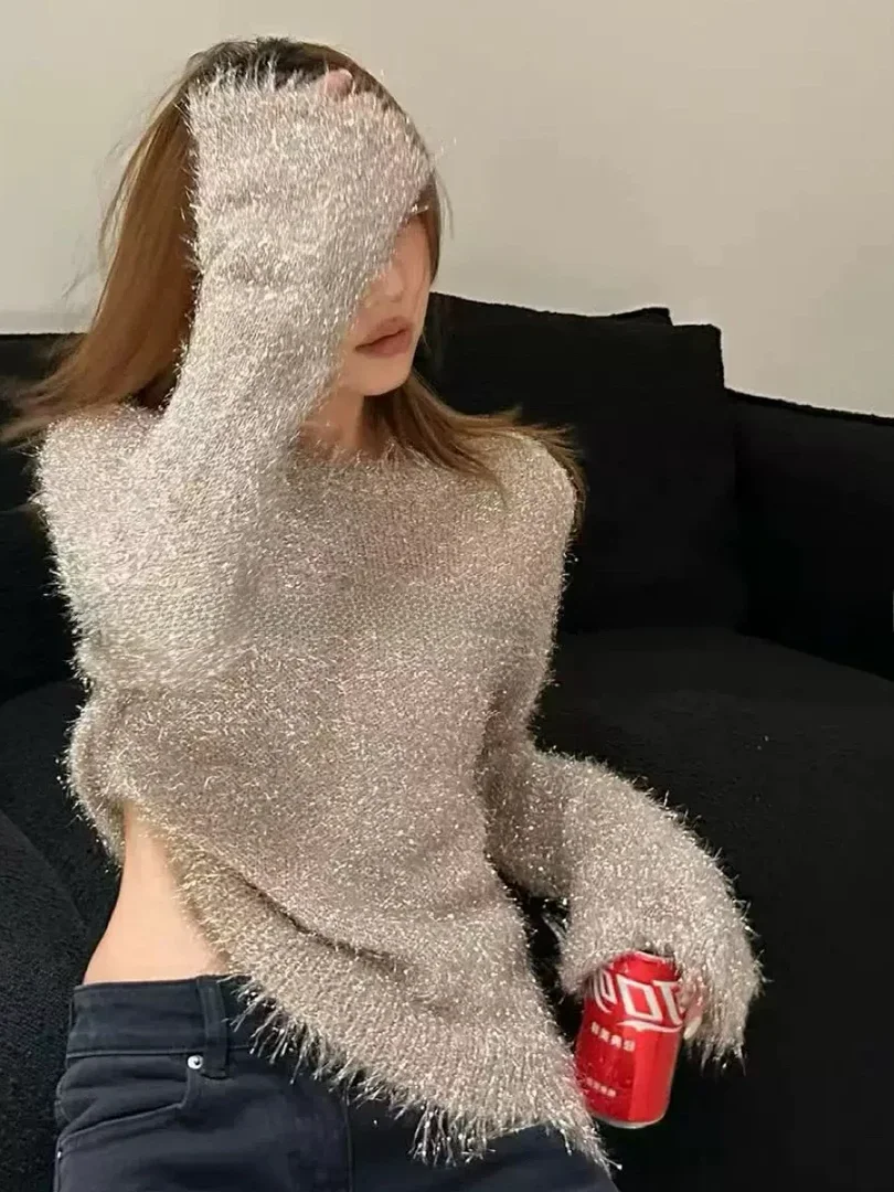 

Мягкий вязаный свитер с пайетками, свободного кроя, модный, зимний, новинка, защита от УФ, длинный рукав, круглый вырез, однотонный, на одной пуговице