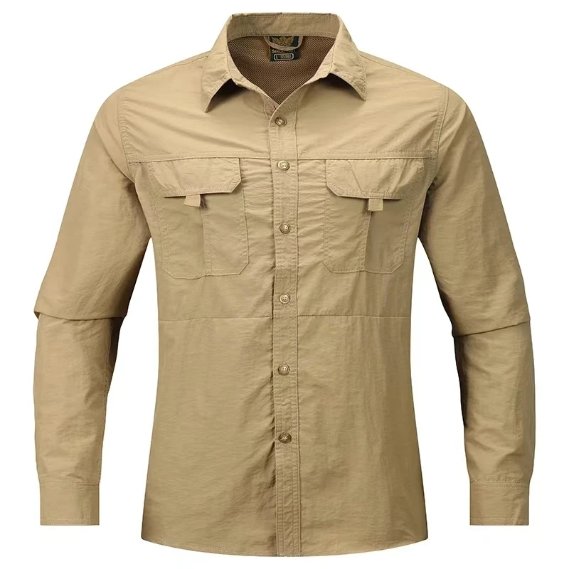 New Summer Cargo Shirt for Men Long Sleeve 2-Pocket Men's Shirts High Quality Outdoor Casual Overshirt Solid Color Quick-dry Top