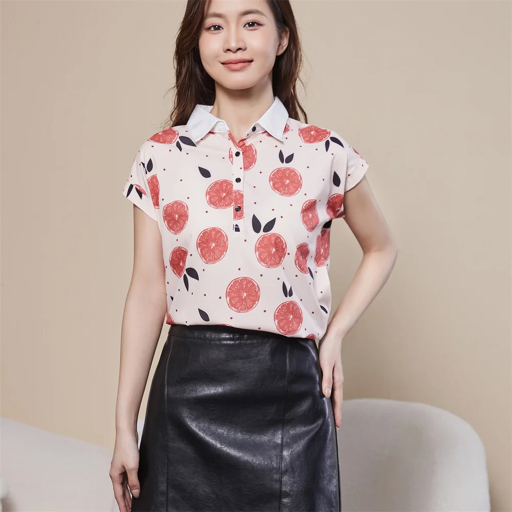 Women Spring Summer Style Blouses Shirt Lady Casual Short Sleeve Turn-down Collar Printed Casual Loose Tops