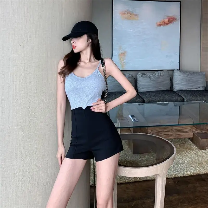 Black Shorts Women Retro Design Zipper Skinny Short High Waist Leisure All-match Streetwear Slim Stretchy Trousers Lady Clothing