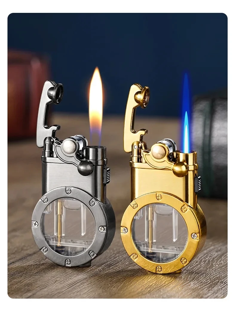 Metall-Doppelbrenner-Feuerzeug mit Schwingarm, winddicht, transparentem Luftfenster, Butan-aufblasbar, Doppelbrenner-Konvertierungsfeuerzeug, Geschenk für Männer – Detail 9