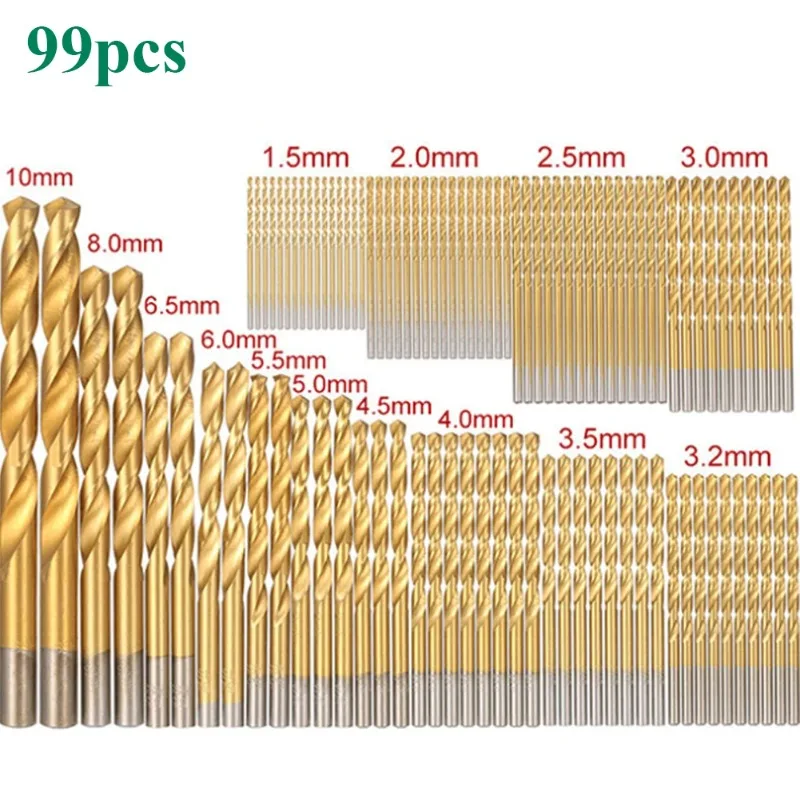 BIESUO 99Pcs 1.5mm - 10mm Brocas revestidas de titânio HSS Brocas de aço de alta velocidade Conjunto de ferramentas elétricas de alta qualidade