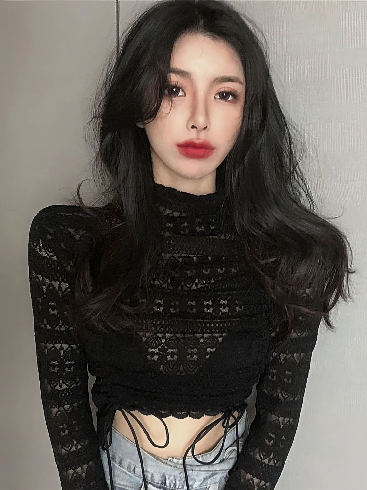 Korean Turtleneck Lace Tops Blouse Women Long sleeve Basic T Shirt Crop Top Sexy Tees Dongdaemun Youthful2024 New
