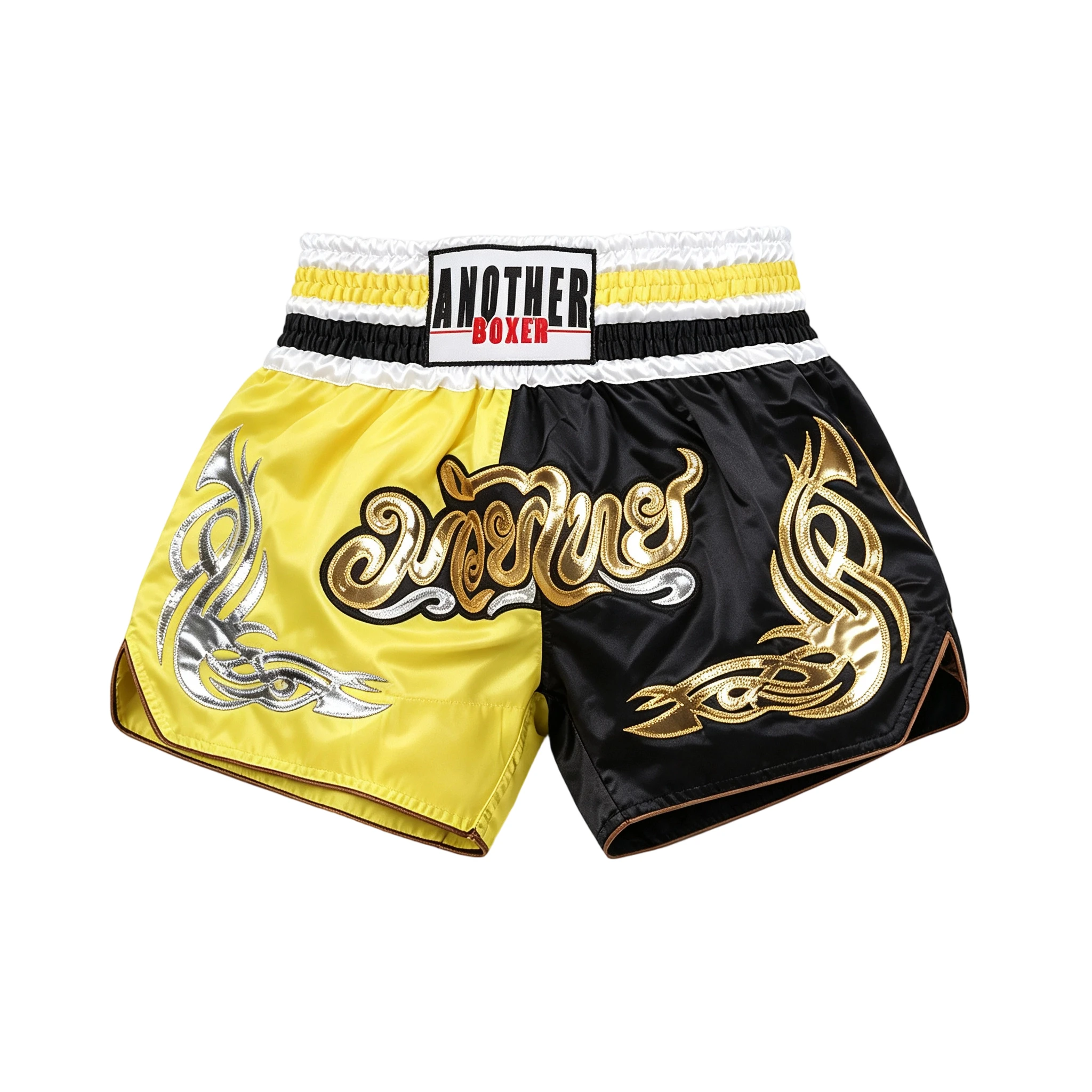 Kurze Kickbox- und Muay-Thai-Shorts in Schwarz-Gelb für Männer, Frauen und Kinder, BJJ MMA Shorts mit Stickerei, Satin, für Wettkampf, Training und Boxen