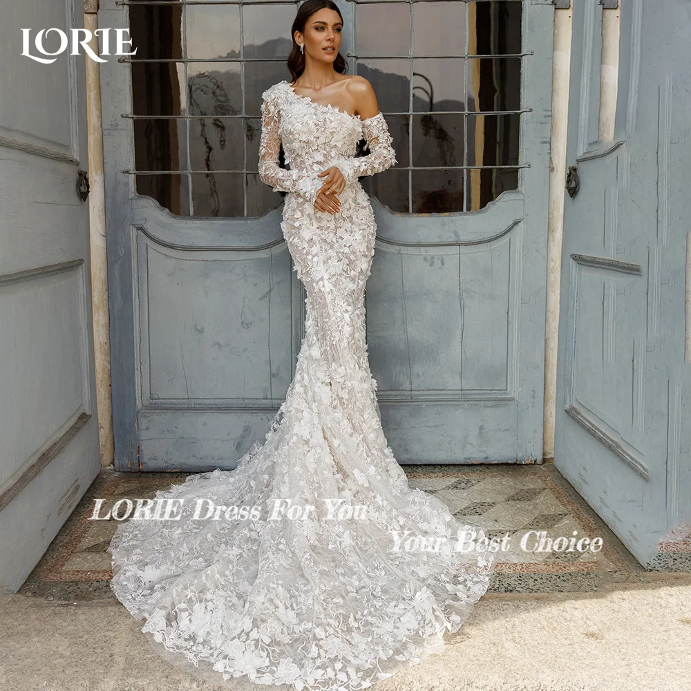 LORIE Elegant Lace Mermaid Wedding Dresses One Shoulder Long Sleeve 3D Flowers Bridal Gowns Customized Princess Bride Dress