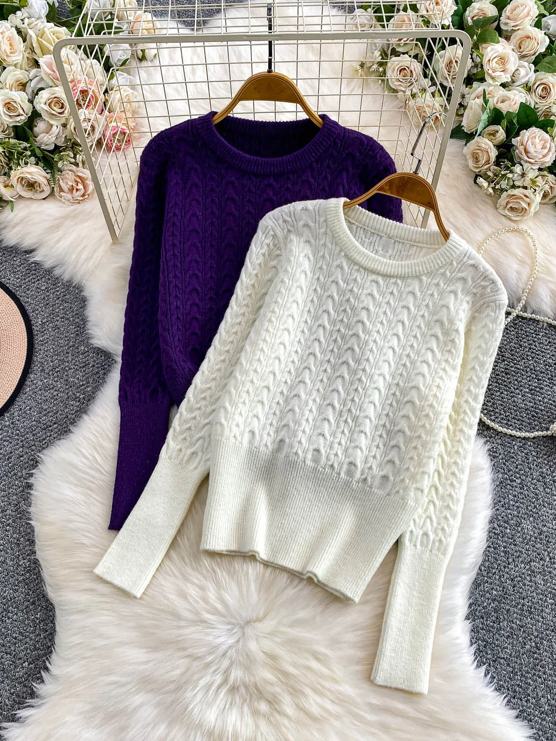 

Winter Thiened Knitted Sweater Women's round Ne Casual Sle Slimming Base Layer Waist-Cinching Top Warm Long Sve