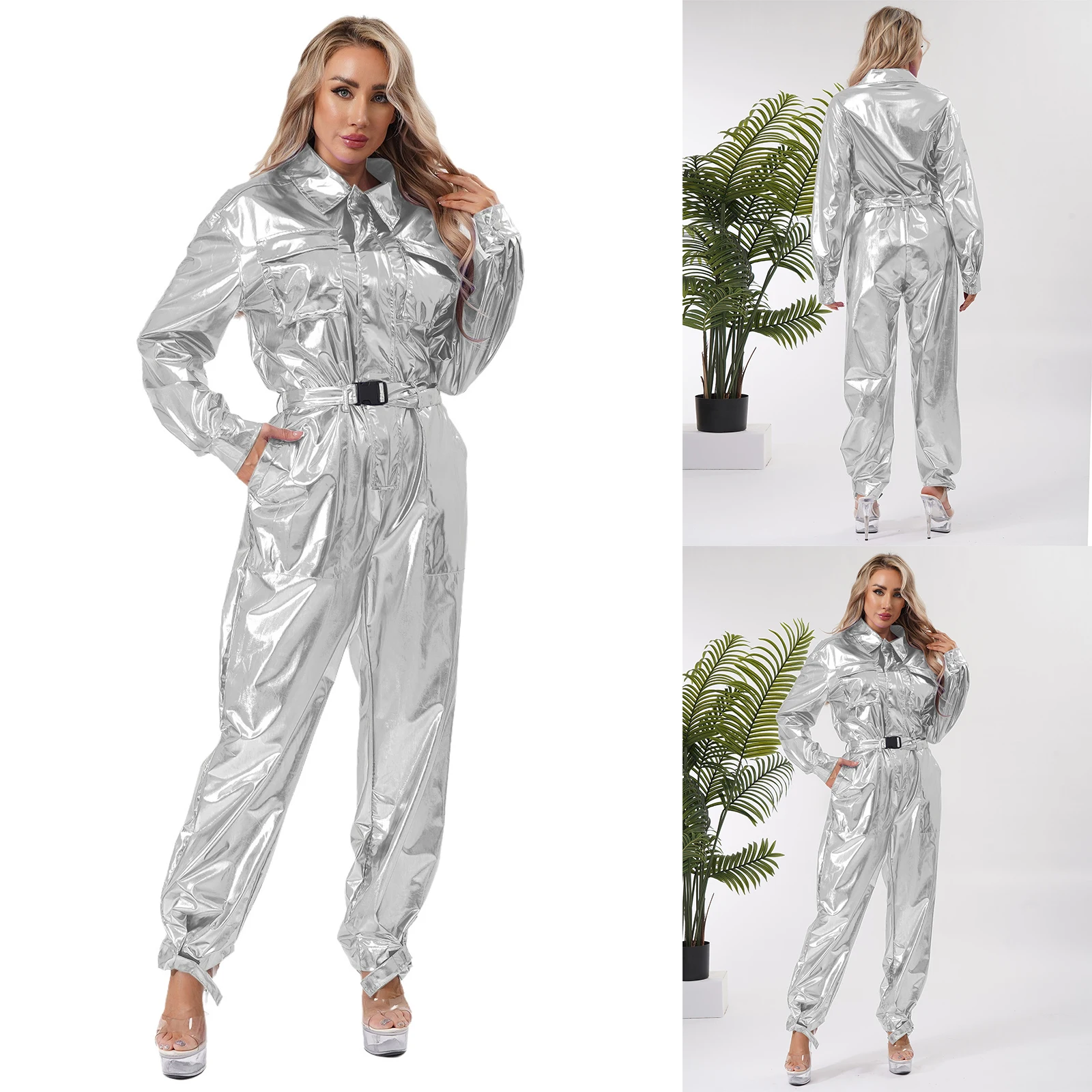 

Women Halloween Party Astronaut Outer Space Cosplay Performance Bodysuit with Waistband Metallic Jumpsuits for Carnival Costumes
