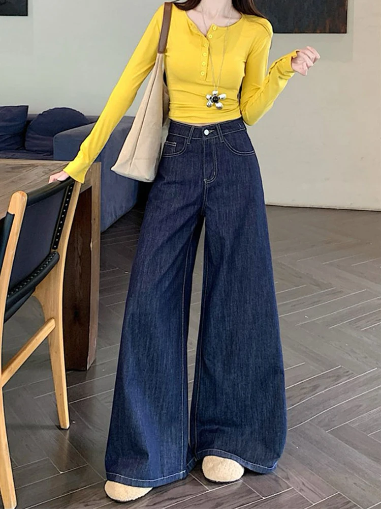 

Retro Deep Blue Wide Leg Denim Jeans High Waist Loose Drapey Washed Fashionable Floor-Length Pants Women Spring 2026