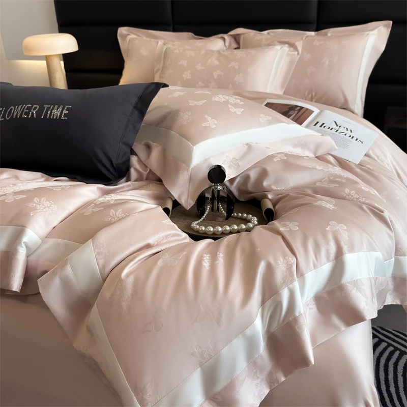 

Luxury Pink 600TC Lyocell Cotton Butterfly Jacquard Soft Silky Bedding Set Duvet Cover Bed Sheet/Fitted Sheet Pillowcases 4Pcs