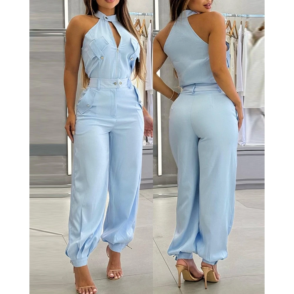 

Sexy Halter Neck Sleeveless Top & High Waist Tapered Pants Casual Utility Outfit for Women Summer Streetwear Cargo Two-Piece