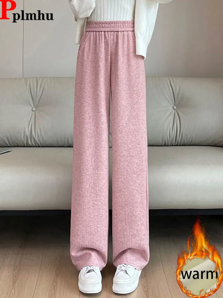 

Зимние теплые свободные прямые брюки, корейские модные эластичные спортивные штаны с высокой талией, женские повседневные широкие брюки на бархатной подкладке, новые