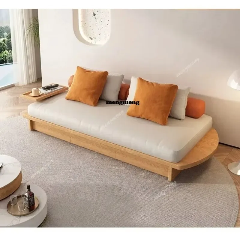 

R living room, small apartment, drawer storage, double three-person log cloth art, wabi sabi wind solid wood sofa bed