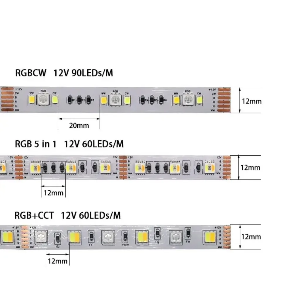 12V 24V 5M RGBCCT LED Light Strip 12MM SMD5050+2835 /5IN1 RGB+W+CW 60Leds/M 90Leds/M Waterproof Flexible Holilday Room Decor