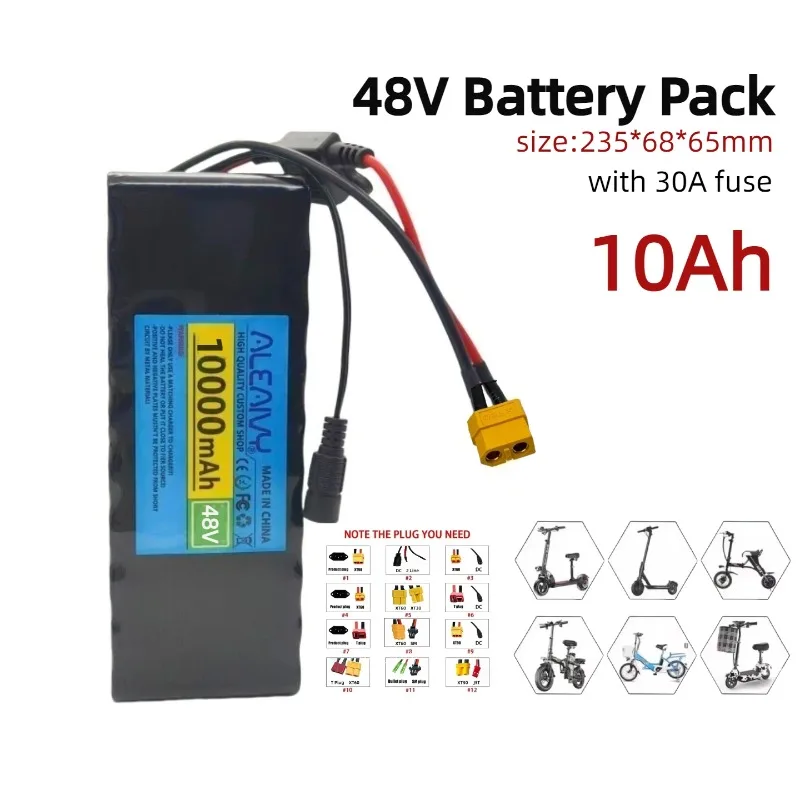 13S3P 10000mAh 48V Rechargeable lithium-ion battery pack with BMS, 30A fuse, suitable for 250W 350W 500W 750W scooter motor